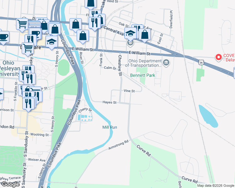 map of restaurants, bars, coffee shops, grocery stores, and more near 104 Cheshire Street in Delaware
