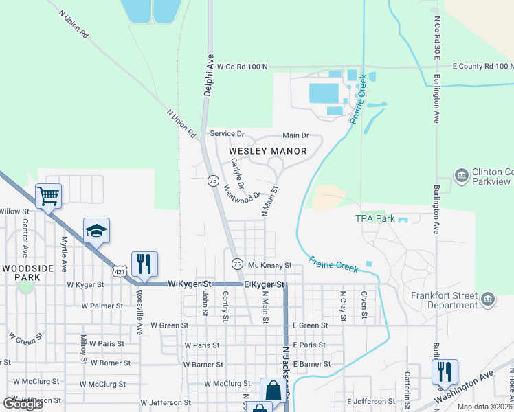 map of restaurants, bars, coffee shops, grocery stores, and more near Westwood Drive in Frankfort