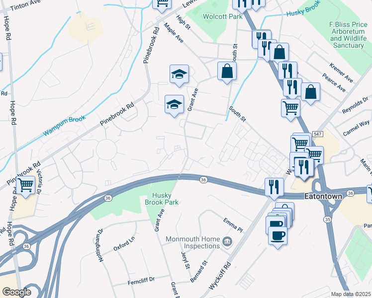 map of restaurants, bars, coffee shops, grocery stores, and more near 11 Stony Hill Road in Eatontown