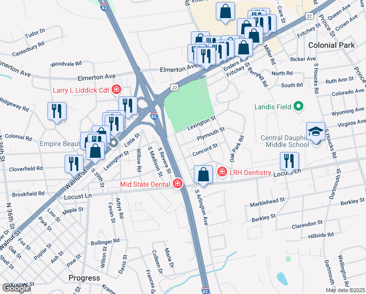 map of restaurants, bars, coffee shops, grocery stores, and more near 121 South Arlington Avenue in Harrisburg