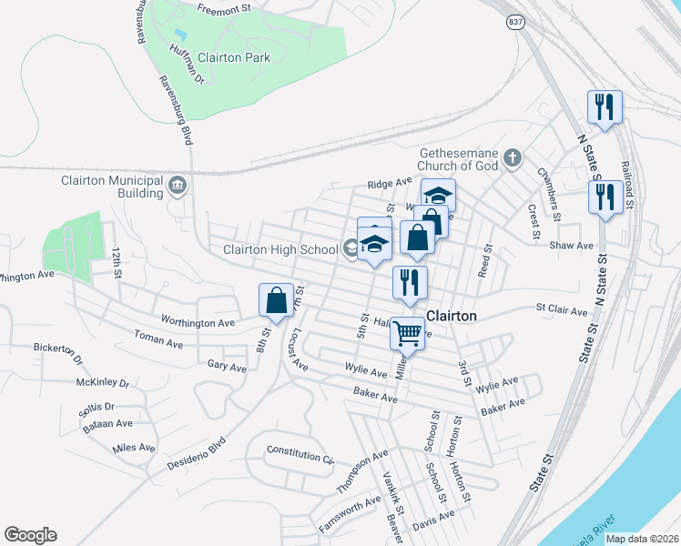 map of restaurants, bars, coffee shops, grocery stores, and more near 601 Waddell Avenue in Clairton