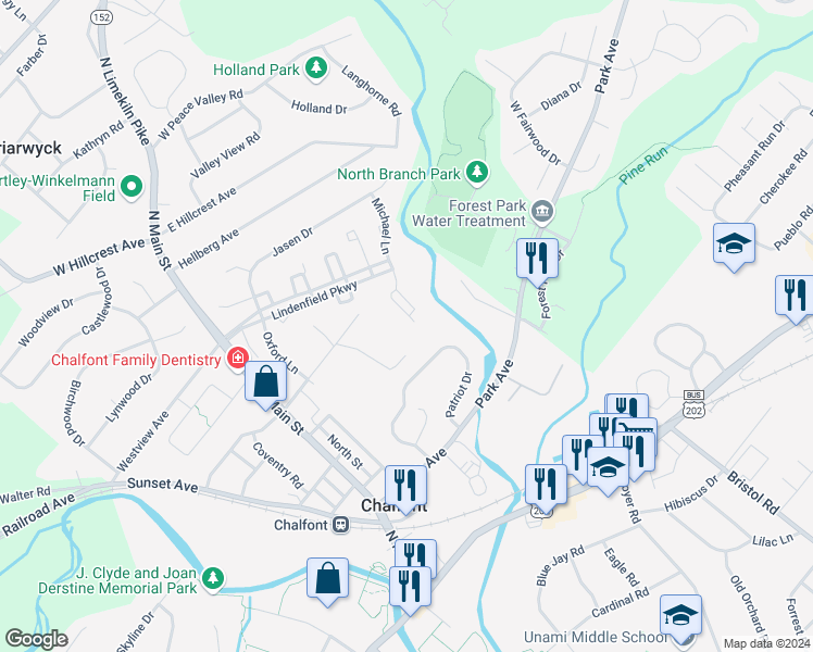 map of restaurants, bars, coffee shops, grocery stores, and more near 756 Patrick Place in Chalfont