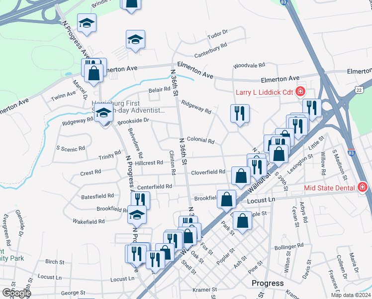 map of restaurants, bars, coffee shops, grocery stores, and more near 403 North 36th Street in Harrisburg