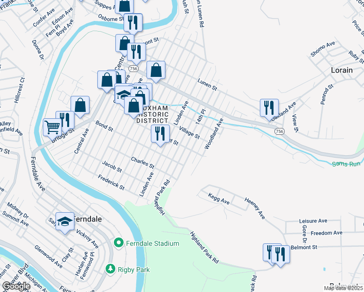 map of restaurants, bars, coffee shops, grocery stores, and more near 608 Russell Avenue in Johnstown