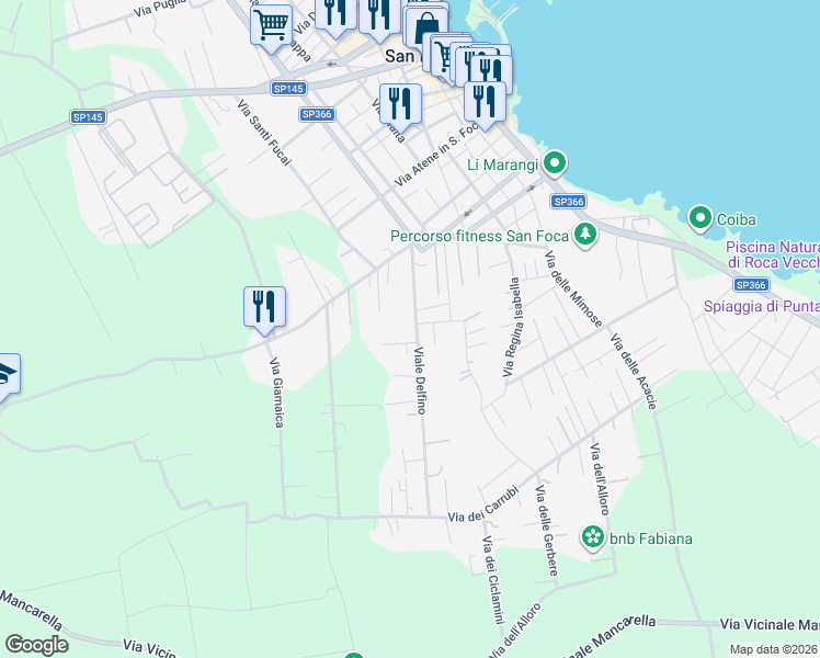 map of restaurants, bars, coffee shops, grocery stores, and more near Via dei Melograni in San Foca