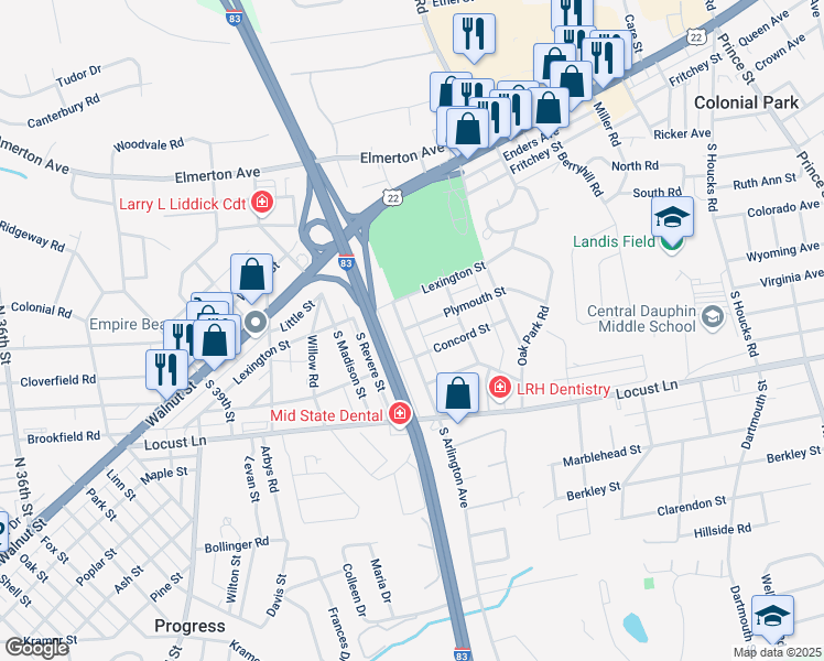 map of restaurants, bars, coffee shops, grocery stores, and more near 121 South Arlington Avenue in Harrisburg