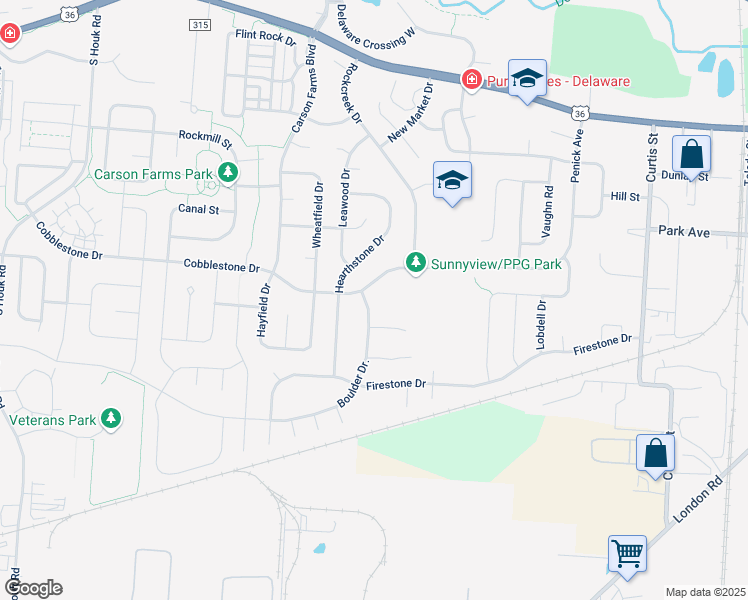 map of restaurants, bars, coffee shops, grocery stores, and more near 507 Boulder Drive in Delaware