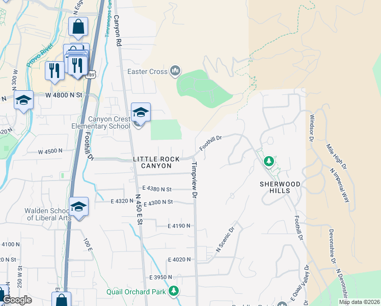 map of restaurants, bars, coffee shops, grocery stores, and more near 4800 North 650 East Street in Provo