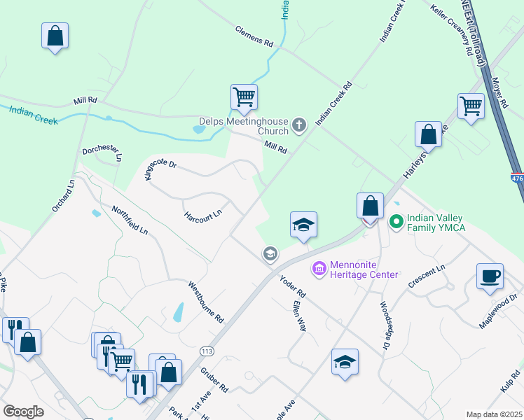 map of restaurants, bars, coffee shops, grocery stores, and more near 876 Indian Creek Rd in Harleysville