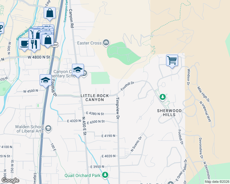 map of restaurants, bars, coffee shops, grocery stores, and more near 4800 North 650 East Street in Provo