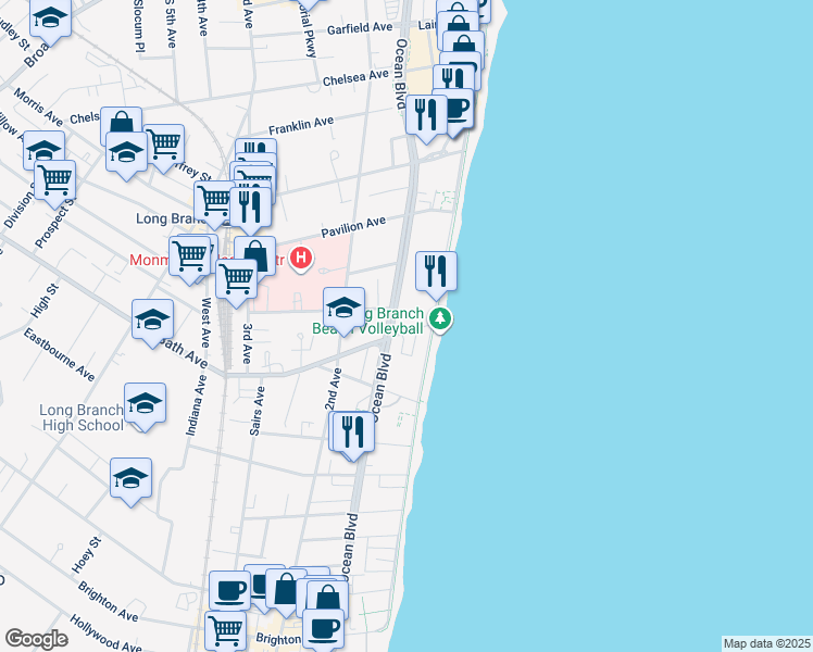 map of restaurants, bars, coffee shops, grocery stores, and more near 359 Ocean Boulevard in Long Branch