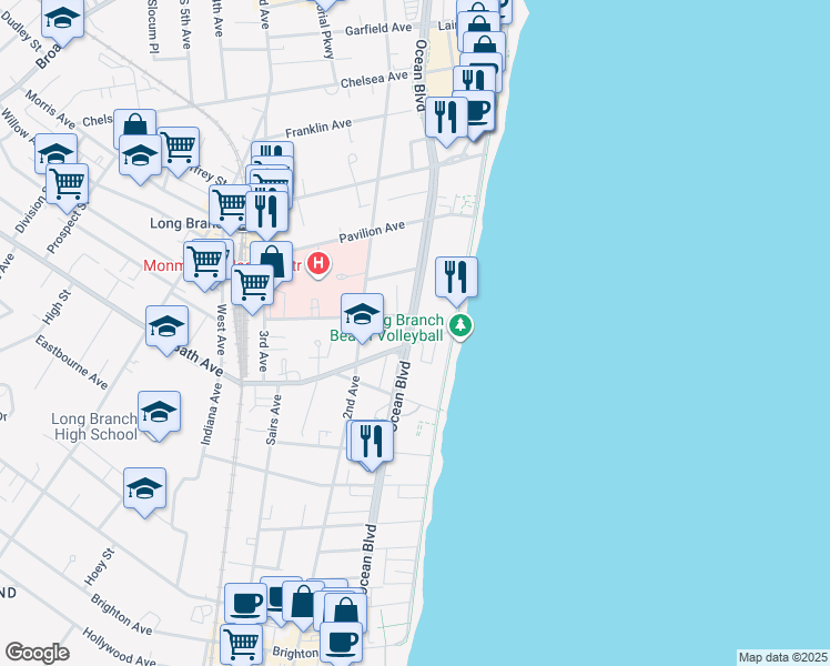 map of restaurants, bars, coffee shops, grocery stores, and more near 359 Ocean Boulevard in Long Branch