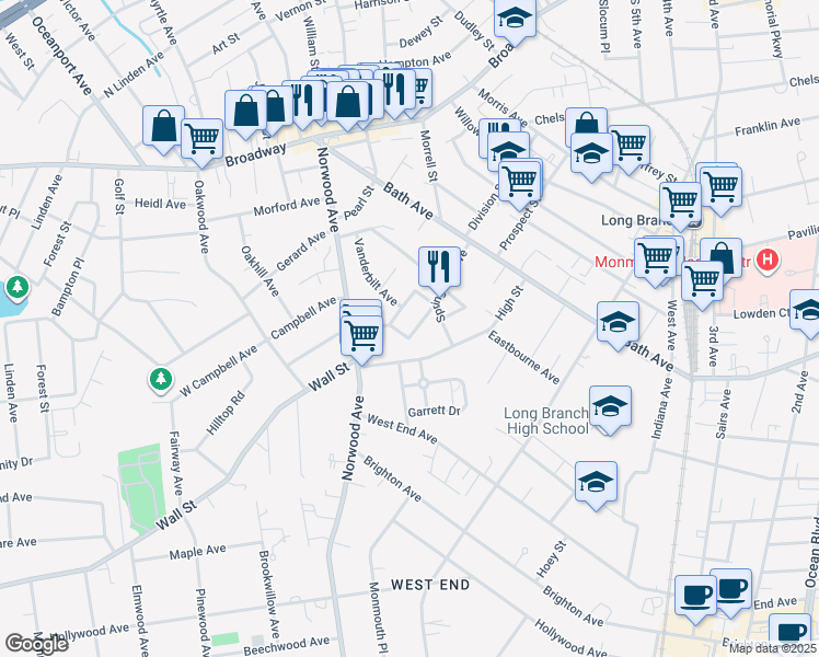 map of restaurants, bars, coffee shops, grocery stores, and more near 550 Winter Street in Long Branch