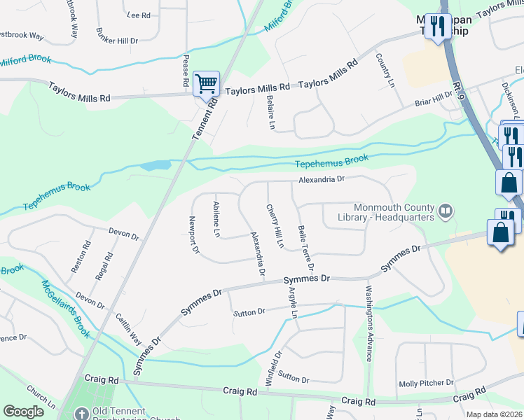 map of restaurants, bars, coffee shops, grocery stores, and more near 30 Cherry Hill Lane in Manalapan Township