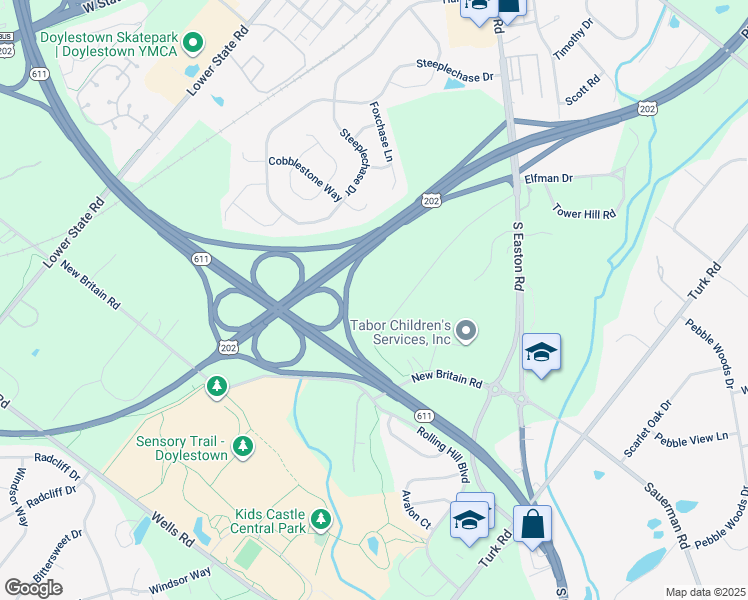 map of restaurants, bars, coffee shops, grocery stores, and more near 64 Warden Road in Doylestown