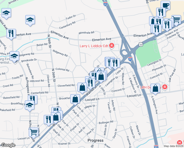 map of restaurants, bars, coffee shops, grocery stores, and more near 3925 Rauch Street in Harrisburg