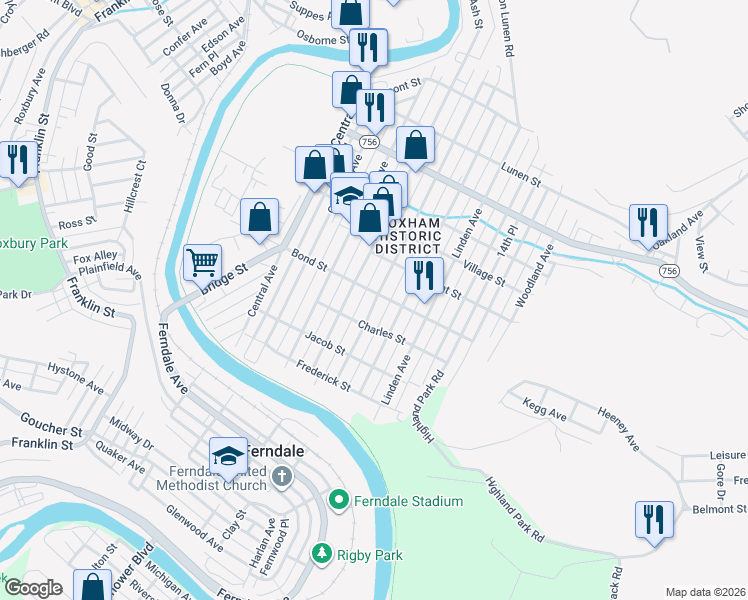 map of restaurants, bars, coffee shops, grocery stores, and more near 661-3 Cypress Avenue in Johnstown