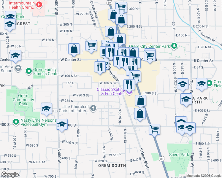 map of restaurants, bars, coffee shops, grocery stores, and more near 180 South 70 West Street in Orem