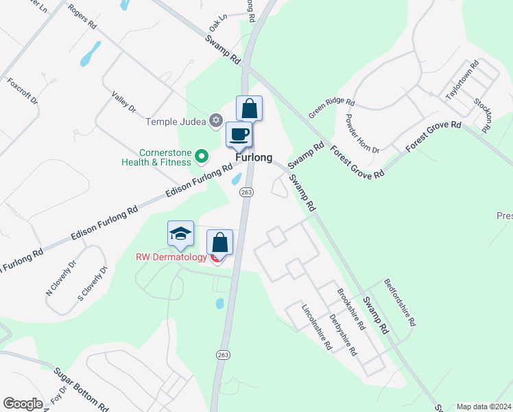 map of restaurants, bars, coffee shops, grocery stores, and more near 3421 York Road in Furlong