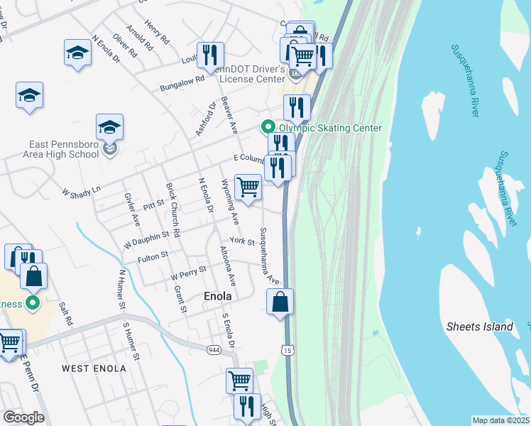 map of restaurants, bars, coffee shops, grocery stores, and more near 219 North Enola Road in Enola