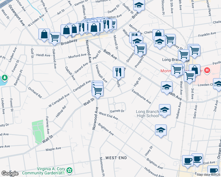 map of restaurants, bars, coffee shops, grocery stores, and more near 550 Winter Street in Long Branch