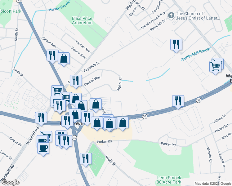 map of restaurants, bars, coffee shops, grocery stores, and more near 79 Malibu Drive in Eatontown