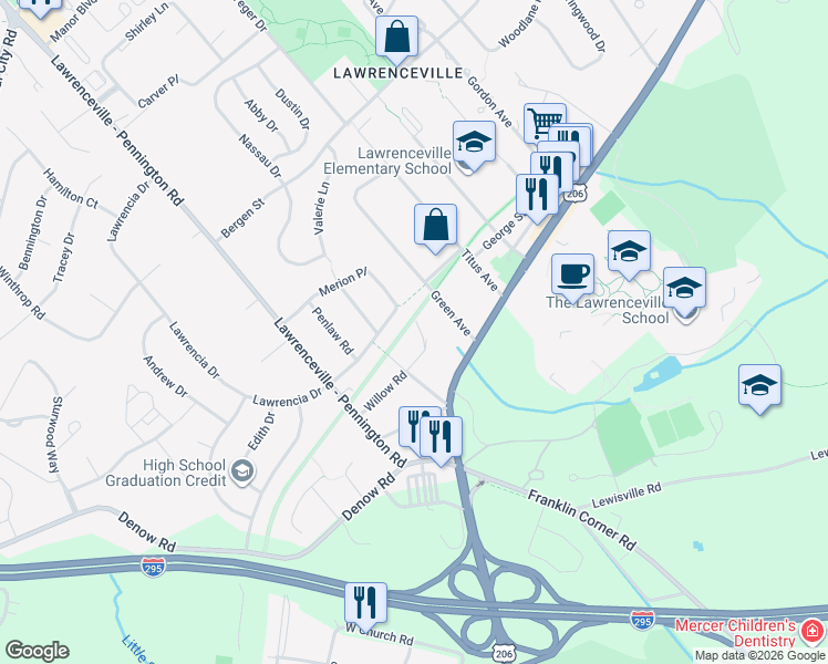map of restaurants, bars, coffee shops, grocery stores, and more near 34 Merion Place in Lawrence Township
