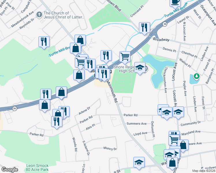 map of restaurants, bars, coffee shops, grocery stores, and more near 175 Monmouth Road in West Long Branch