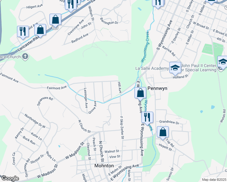 map of restaurants, bars, coffee shops, grocery stores, and more near 120 Hill Avenue in Mohnton
