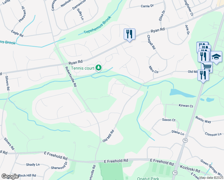 map of restaurants, bars, coffee shops, grocery stores, and more near 14 Dittmar Drive in Freehold