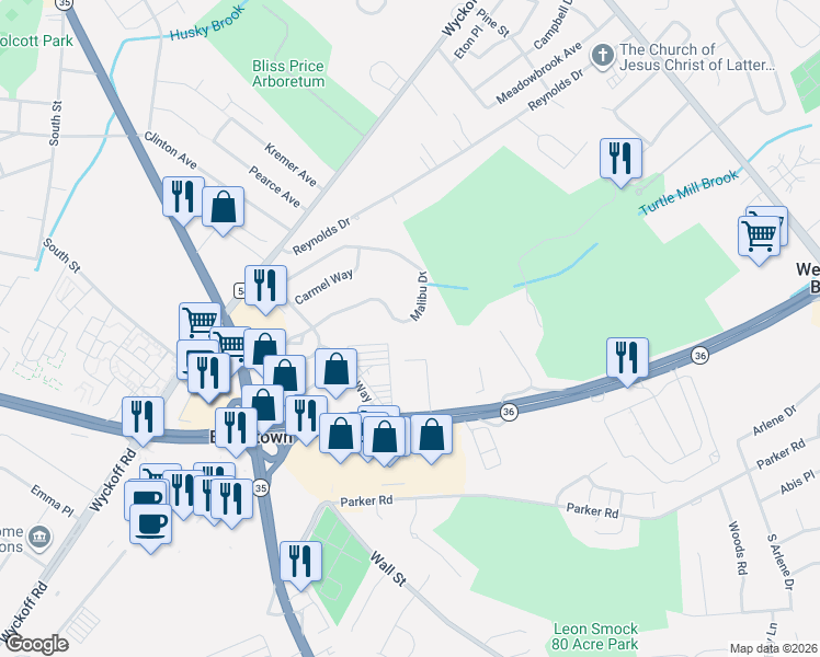 map of restaurants, bars, coffee shops, grocery stores, and more near 79 Malibu Drive in Eatontown