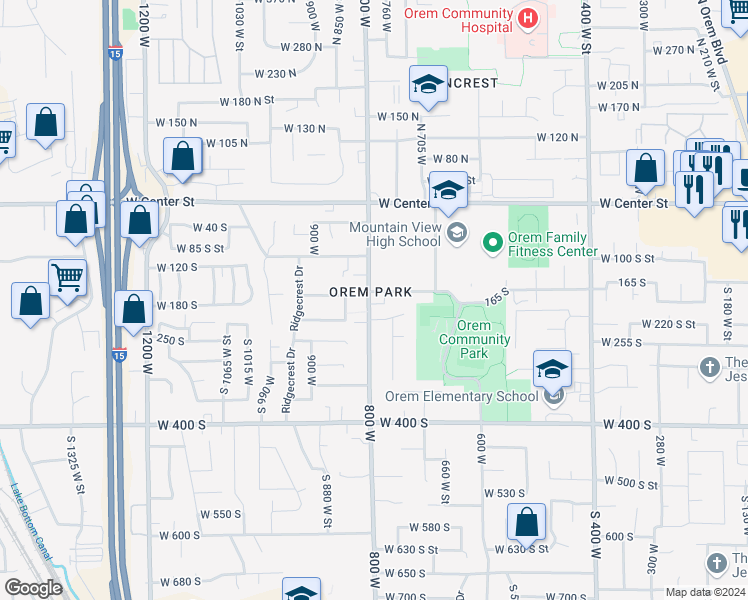 map of restaurants, bars, coffee shops, grocery stores, and more near 760 165 South in Orem