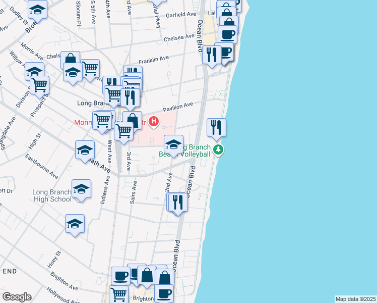 map of restaurants, bars, coffee shops, grocery stores, and more near 67 Dunbar Avenue in Long Branch