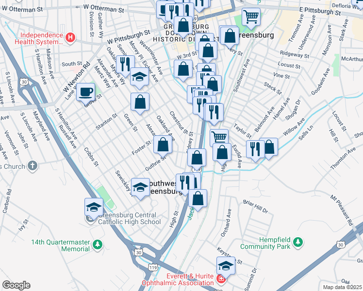 map of restaurants, bars, coffee shops, grocery stores, and more near 620 Chestnut Street in Greensburg