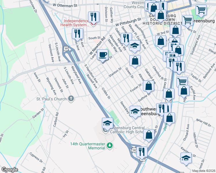 map of restaurants, bars, coffee shops, grocery stores, and more near 419 Sewickley Street in Greensburg