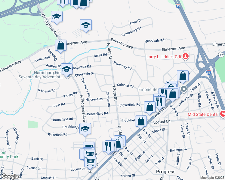 map of restaurants, bars, coffee shops, grocery stores, and more near 404 North 36th Street in Harrisburg