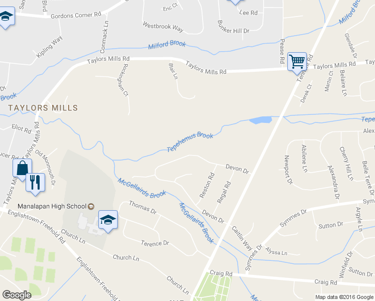 map of restaurants, bars, coffee shops, grocery stores, and more near 32 Devon Drive in Manalapan Township
