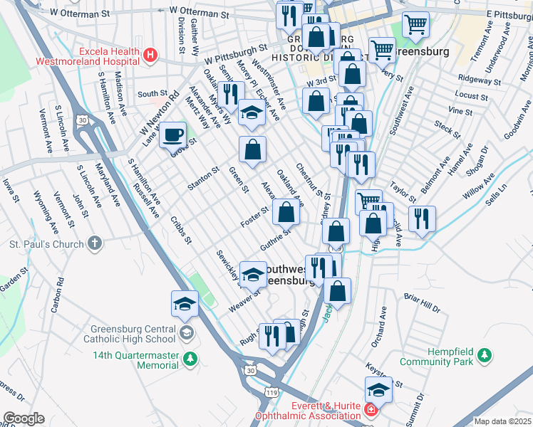map of restaurants, bars, coffee shops, grocery stores, and more near 601 Green Street in Greensburg