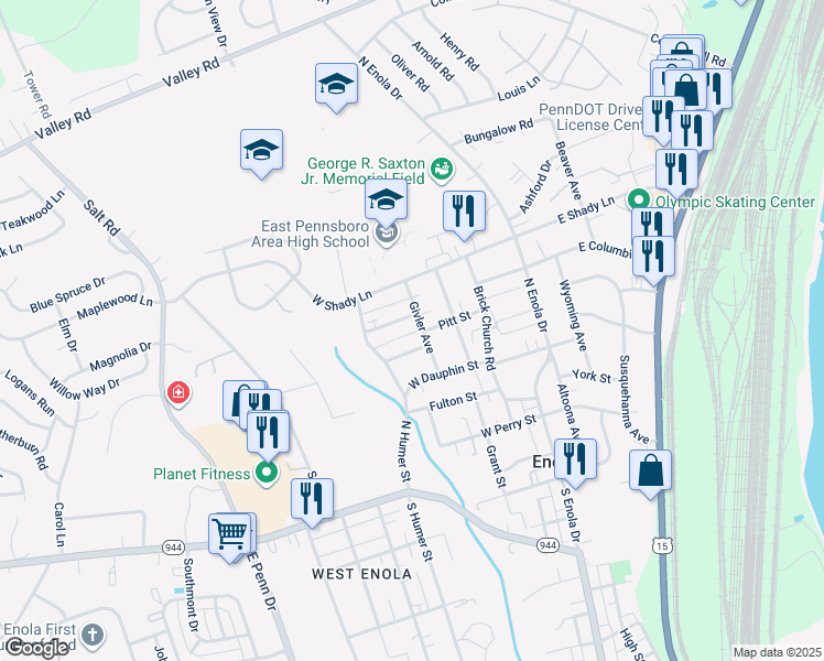 map of restaurants, bars, coffee shops, grocery stores, and more near 407 Pitt Street in Enola
