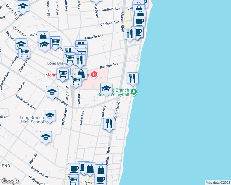 map of restaurants, bars, coffee shops, grocery stores, and more near 67 Dunbar Avenue in Long Branch