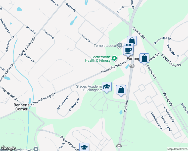 map of restaurants, bars, coffee shops, grocery stores, and more near 654 Edison Furlong Road in Furlong
