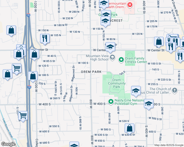map of restaurants, bars, coffee shops, grocery stores, and more near 760 165 South in Orem