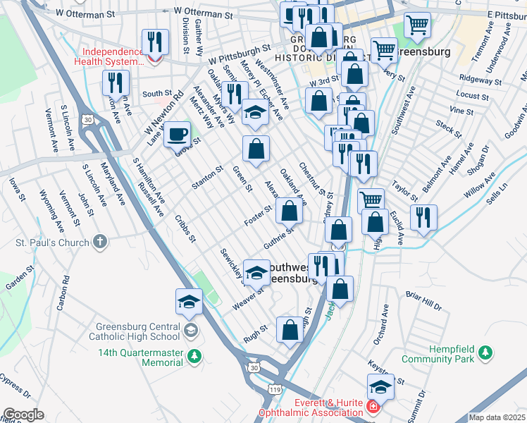 map of restaurants, bars, coffee shops, grocery stores, and more near 423 Foster Street in Greensburg