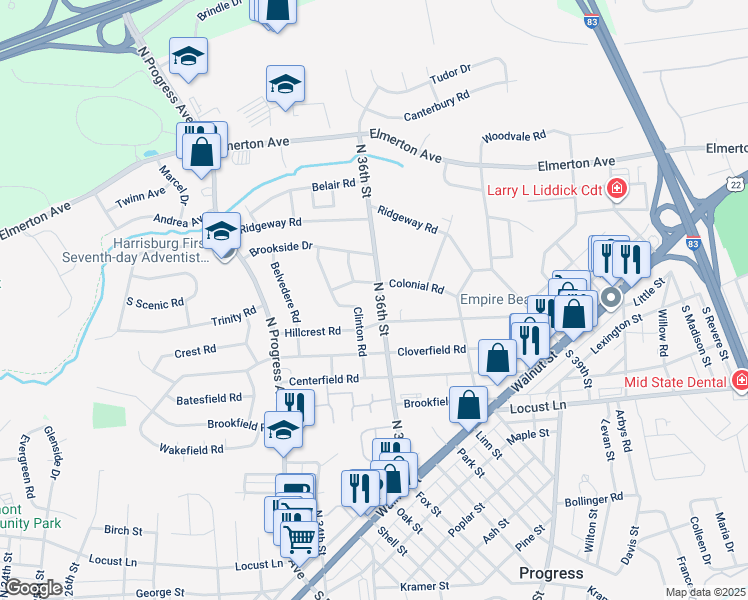 map of restaurants, bars, coffee shops, grocery stores, and more near 404 North 36th Street in Harrisburg