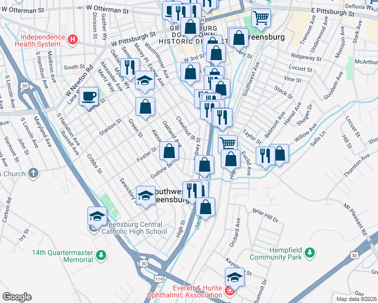 map of restaurants, bars, coffee shops, grocery stores, and more near 620 Chestnut Street in Greensburg