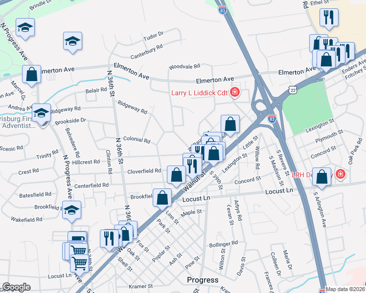map of restaurants, bars, coffee shops, grocery stores, and more near 211 North 39th Street in Harrisburg