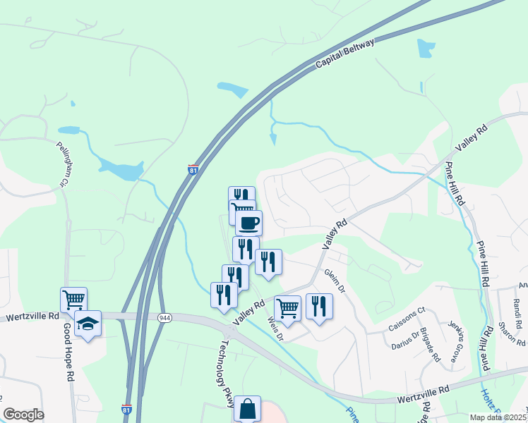 map of restaurants, bars, coffee shops, grocery stores, and more near 5355 Laurel Valley Lane in Enola