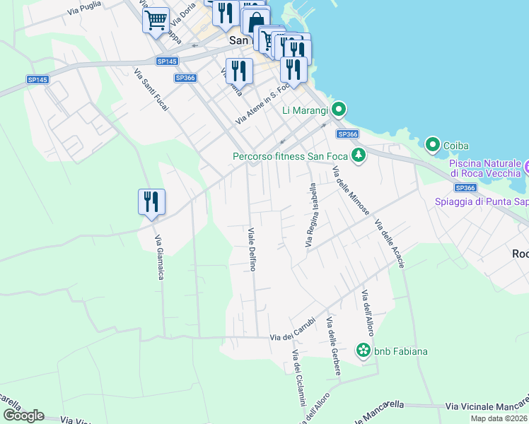 map of restaurants, bars, coffee shops, grocery stores, and more near Via dei Melograni in San Foca