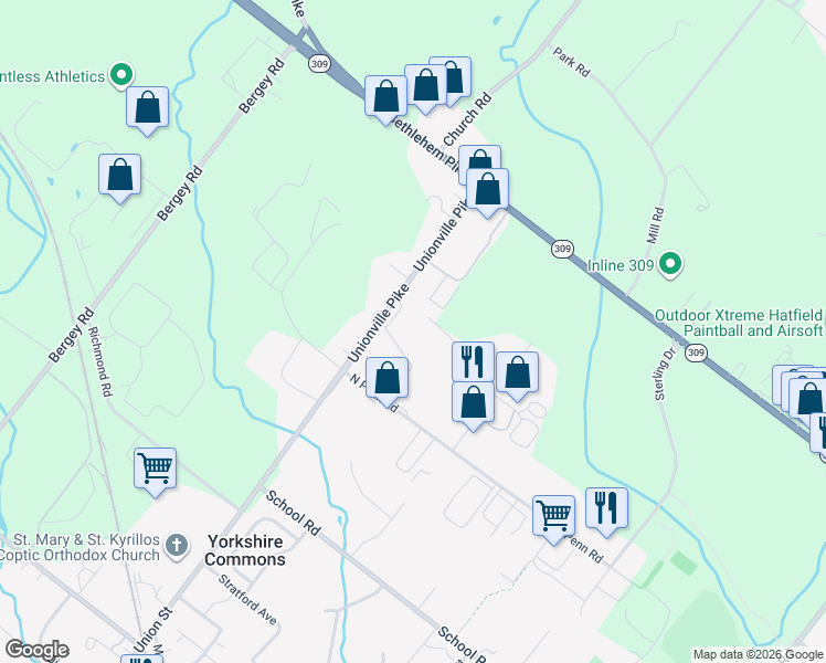map of restaurants, bars, coffee shops, grocery stores, and more near 3277 Unionville Pike in Hatfield