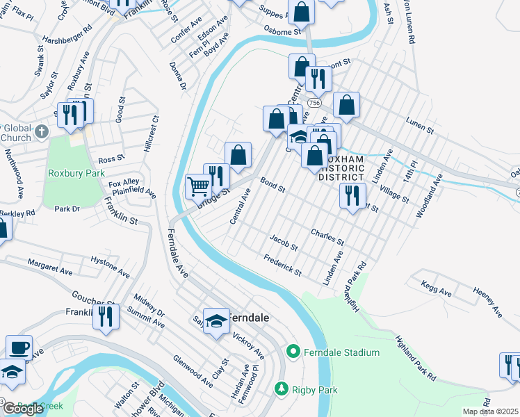 map of restaurants, bars, coffee shops, grocery stores, and more near 754 Coleman Avenue in Johnstown